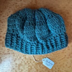 Soft Wool OOAK Handmade Crochet Knit Hat - Teal Green - fits adults / kids - NWT